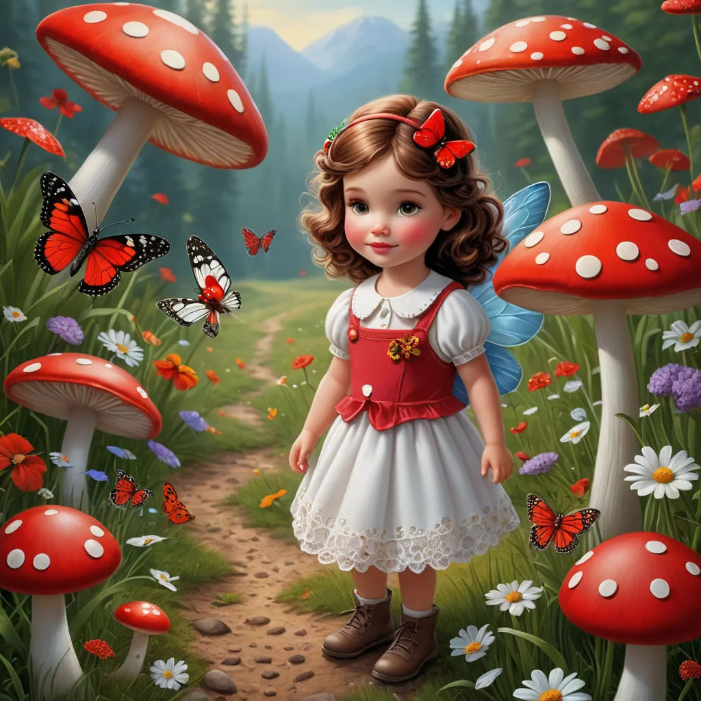a painting of a little girl standing in a field of mushrooms and daisies with butterflies around her and a butterfly on her shoulder, fantasy art, a storybook illustration, Alice Prin, highly detailed digital painting