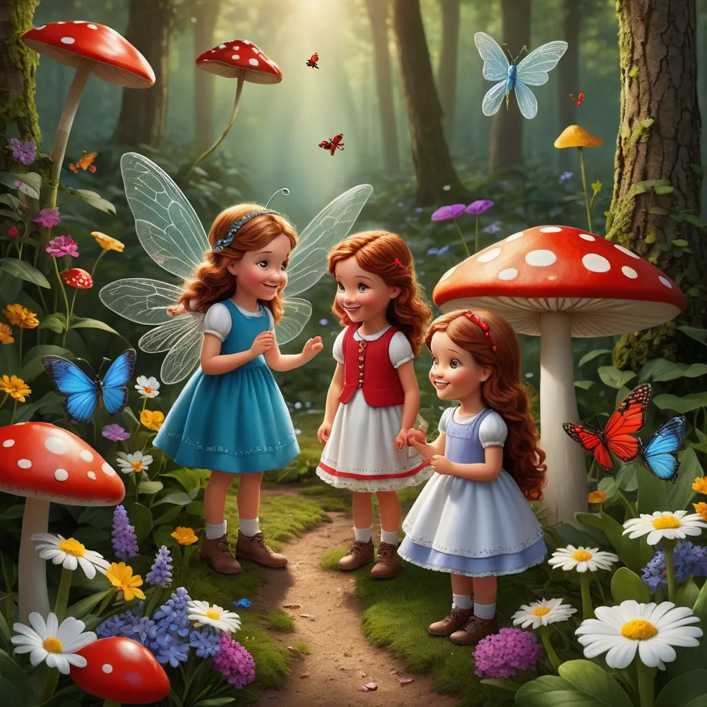 two little girls standing in the woods with a mushroom and butterflies in the background and a butterfly flying over them, fantasy art, a storybook illustration, Alice Prin, highly detailed digital painting