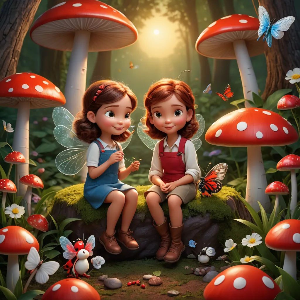 two little girls sitting on a mushroom patch with butterflies and mushrooms in the background, with a sun shining through the trees, fantasy art, a storybook illustration, Alice Prin, rossdraws global illumination