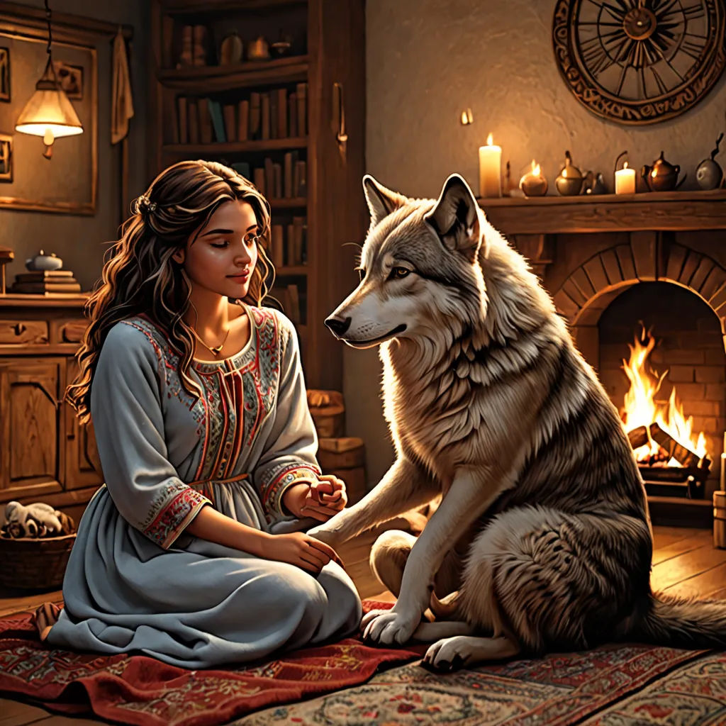 a woman sitting on a rug next to a wolf in a room with a fireplace and a clock on the wall, fantasy art, a storybook illustration, Anne Stokes, storybook illustration