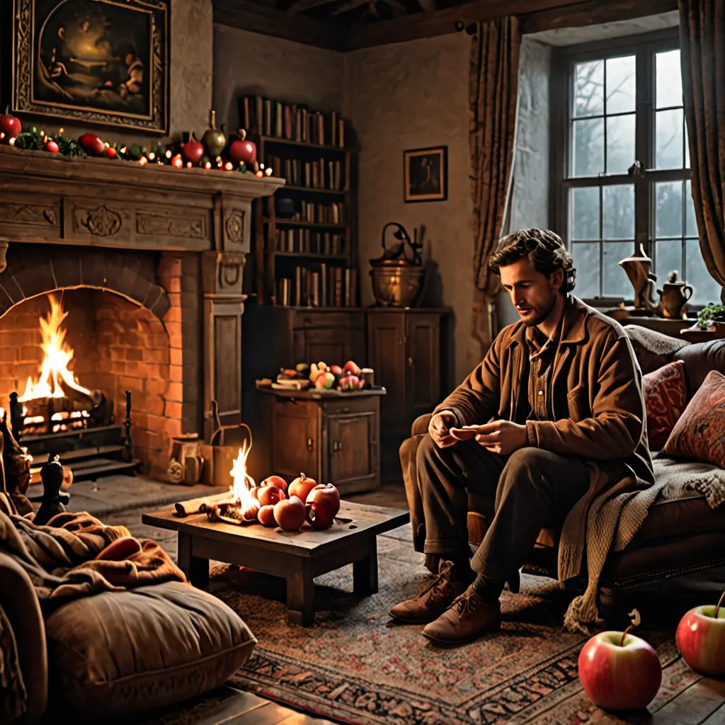 a man sitting in a living room next to a fire place with a fireplace and a couch in front of him, arts and crafts movement, a still life, Edward Armitage, promotional image