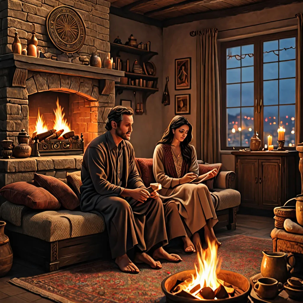 a man and woman sitting on a couch in front of a fire place in a living room with a fireplace, figurative art, a detailed matte painting, Christophe Vacher, radiant light