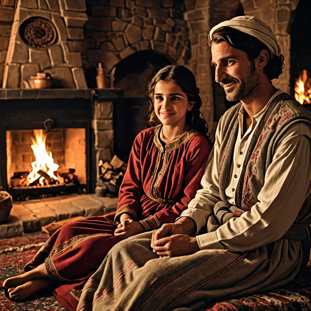 a man and a woman sitting in front of a fire place in a room with a fireplace and a rug, dau-al-set, a storybook illustration, Bouchta El Hayani, promotional image