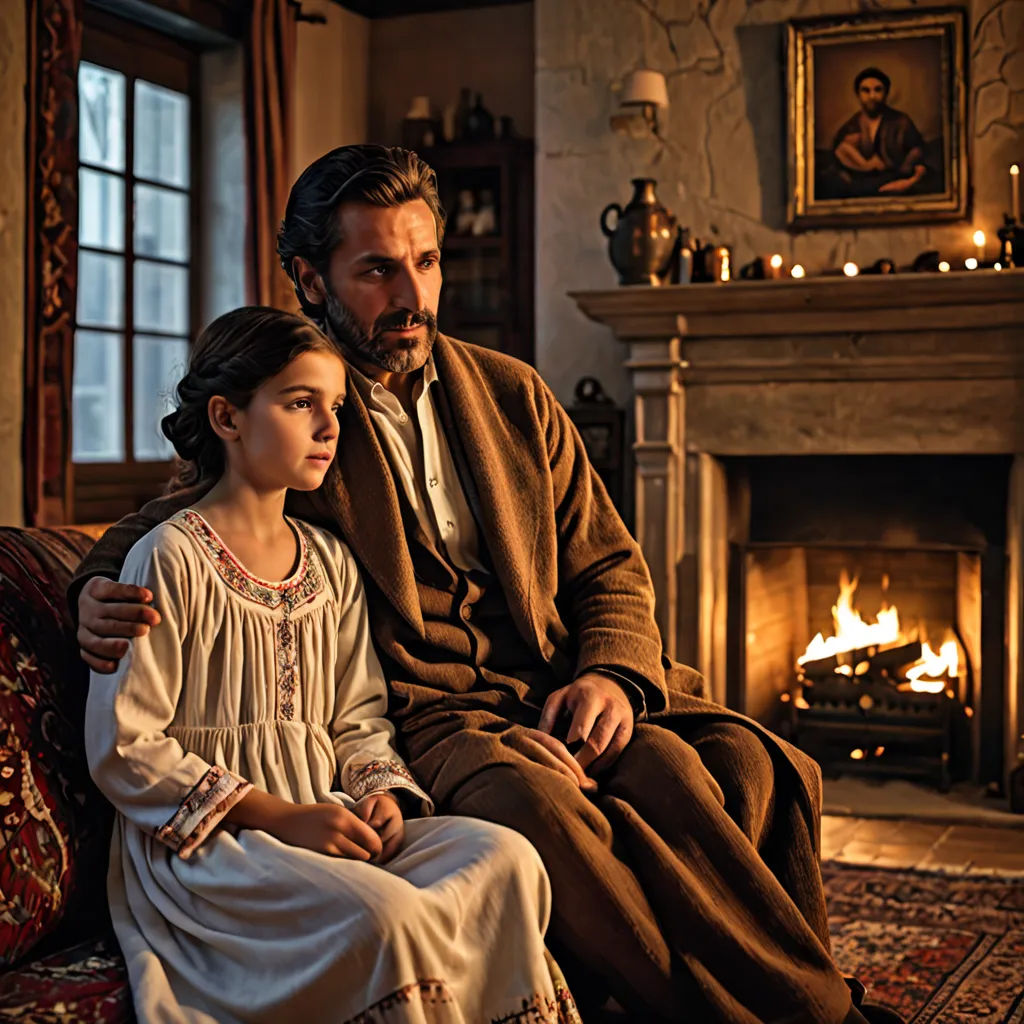 a man and a little girl sitting on a couch in front of a fire place with a man in a suit, arts and crafts movement, poster art, Anne Said, promotional image