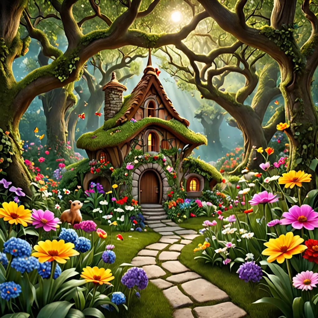 a painting of a house in a forest with flowers and trees around it and a pathway leading to it, fantasy art, a storybook illustration, Anne Stokes, enchanting