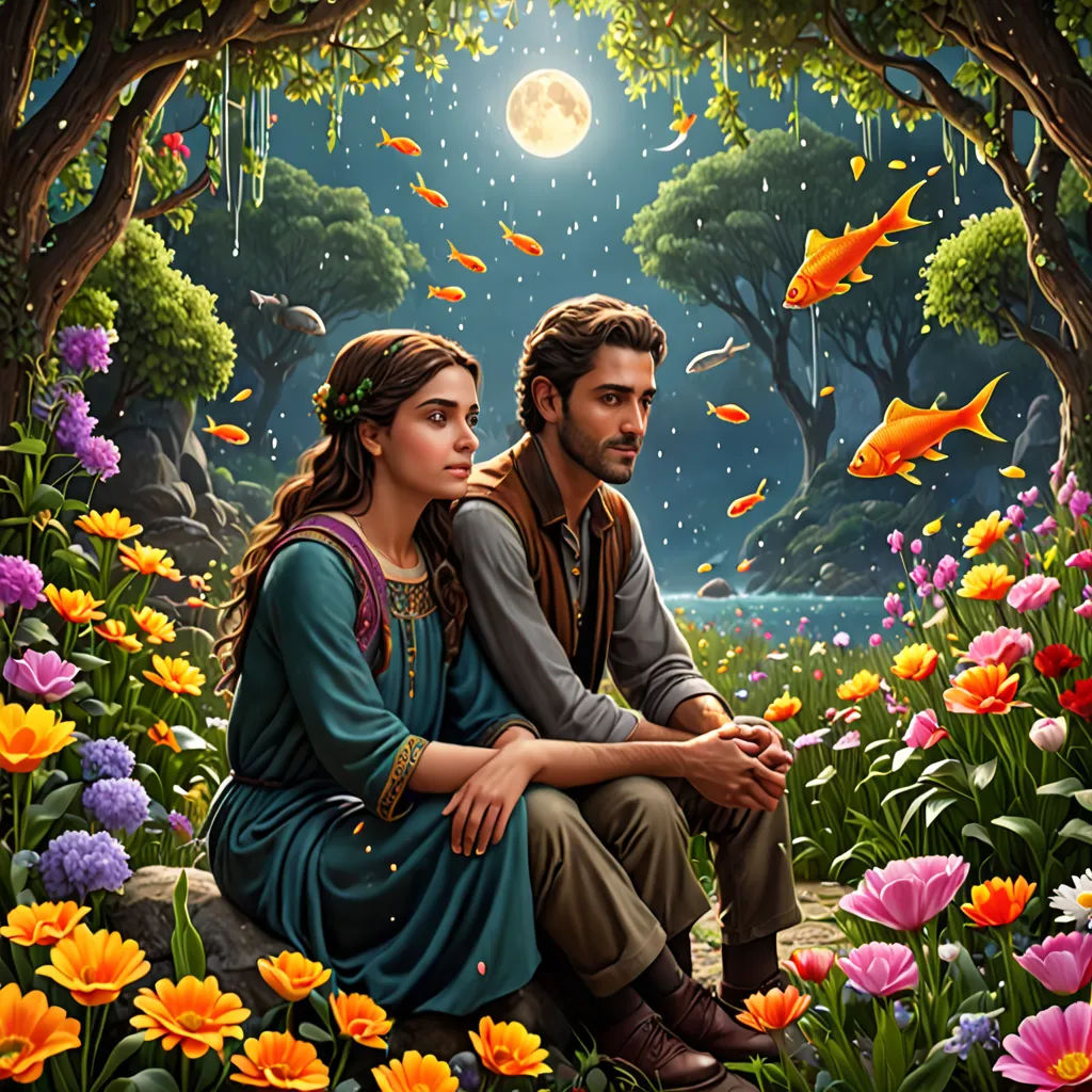 a painting of a man and woman sitting in a field of flowers under a full moon with fish swimming in the water, fantasy art, a storybook illustration, Colin Middleton, official art
