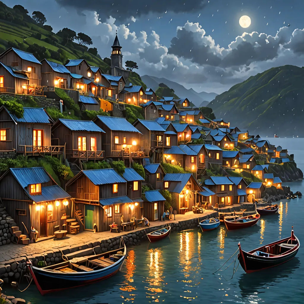 a painting of a village on a cliff with boats docked at the shore and a full moon in the sky, photorealism, a detailed matte painting, Evgeny Lushpin, kinkade