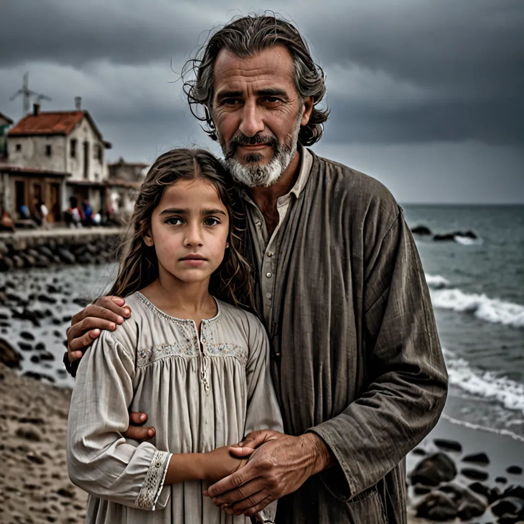 a man and a little girl standing next to each other on a beach near the ocean with a dark sky, art photography, a character portrait, Arthur Sarkissian, promotional image
