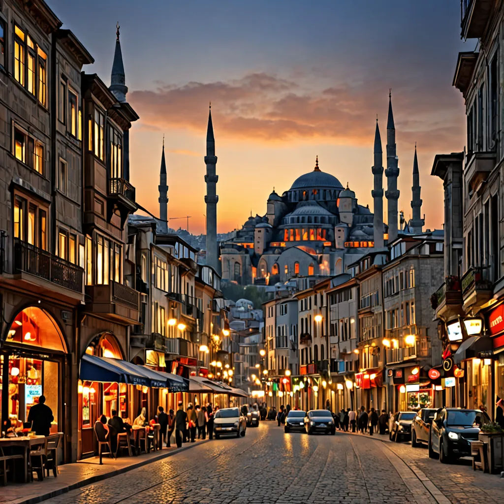 a street with cars parked on both sides of it and a building with a dome on top of it, hurufiyya, a matte painting, Altoon Sultan, city background