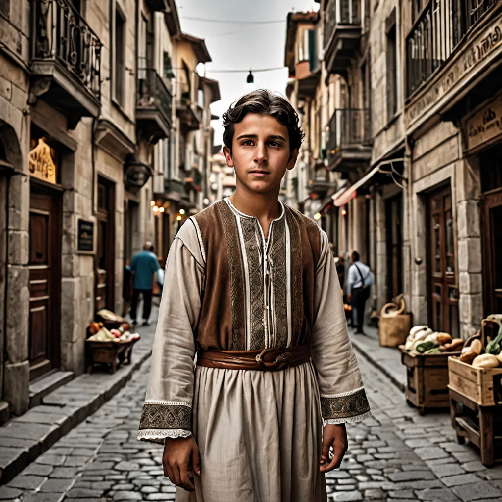 a man in a brown and white outfit standing in a street with a brick walkway and buildings in the background, magical realism, a character portrait, Arthur Sarkissian, cinematic photography