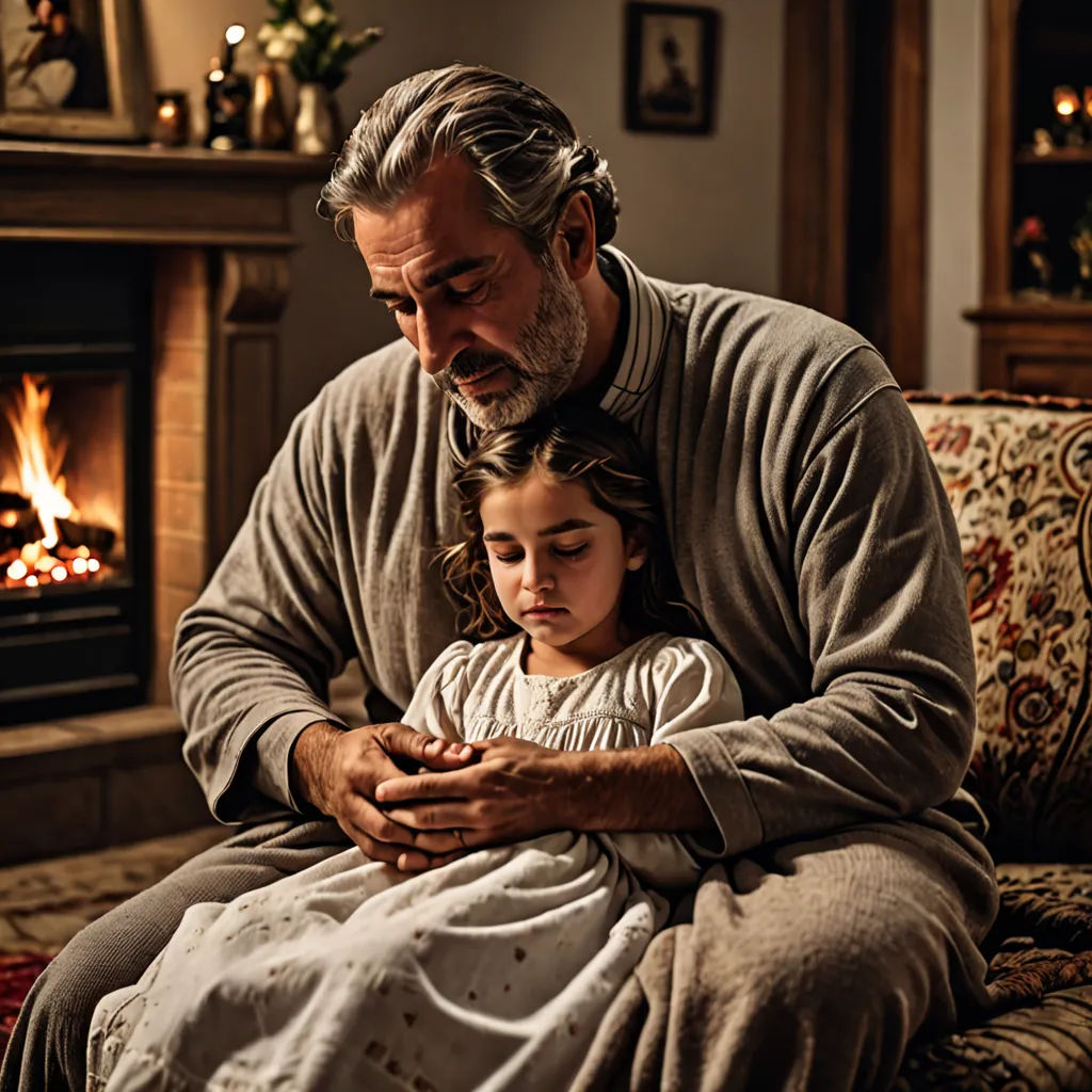 a man and a little girl sitting in front of a fire place with a blanket on their lap and a blanket on their lap, magical realism, a storybook illustration, Arthur Sarkissian, promotional image