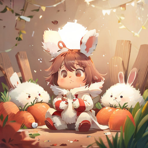 a girl sitting on the ground surrounded by rabbits and carrots with a wooden fence in the background and falling leaves