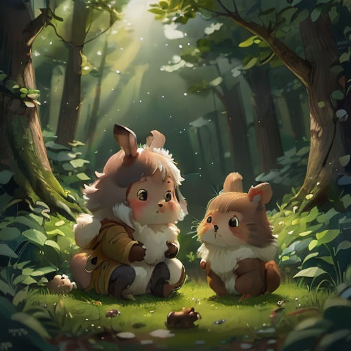 two cute little animals sitting in the woods together, one is holding a baby animal and the other is holding a stuffed animal