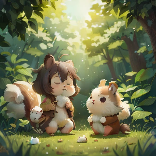 a couple of animals that are sitting in the grass together in the woods with trees in the background and sunlight shining through the trees
