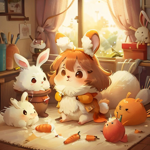 a girl sitting on a table surrounded by rabbits and carrots in a room with a window and a table with a stuffed animal