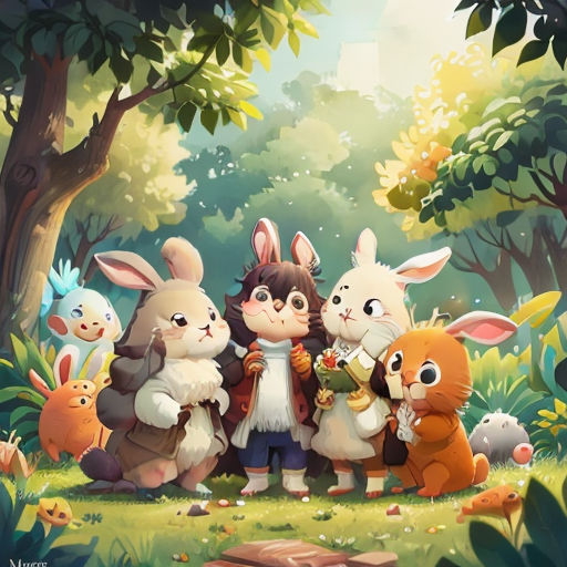 a group of rabbits standing next to each other in a forest with trees and grass and rocks on the ground
