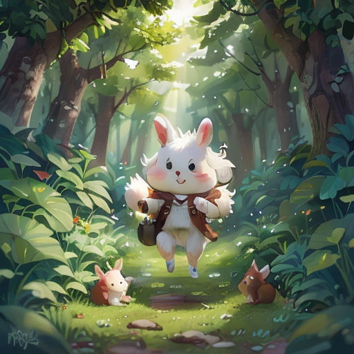 a cartoon bunny running through a forest with other animals around it, with a light shining on the ground