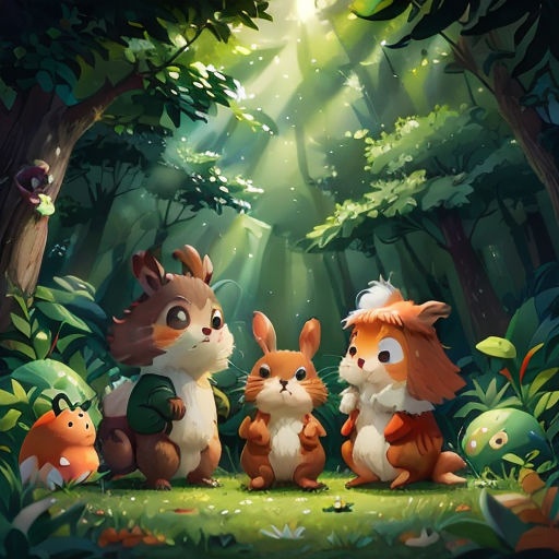 a group of animals sitting in the middle of a forest with sunlight shining through the trees and leaves on the ground