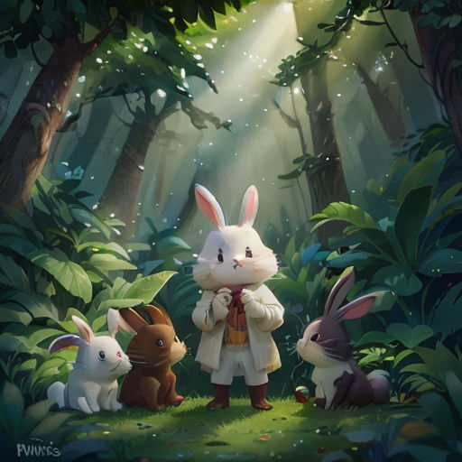 a rabbit and some rabbits in a forest with sunlight coming through the trees and leaves on the ground,