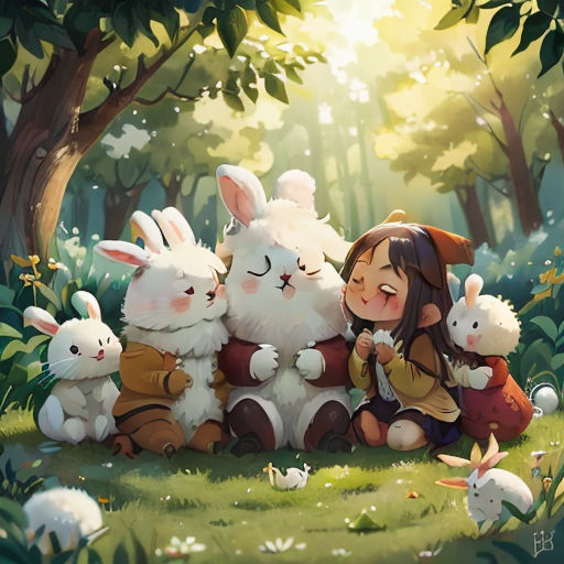 a girl sitting in the grass with some rabbits in front of her and a forest background with trees and grass