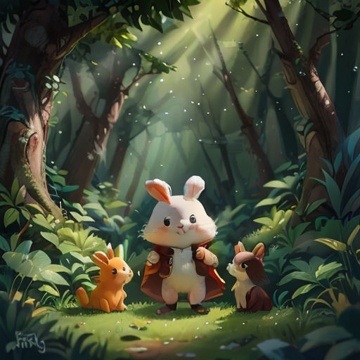a rabbit and two rabbits in a forest with sunlight streaming through the trees and leaves on the ground,