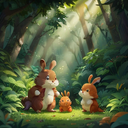 a rabbit and two rabbits in a forest with sunlight streaming through the trees and leaves on the ground,