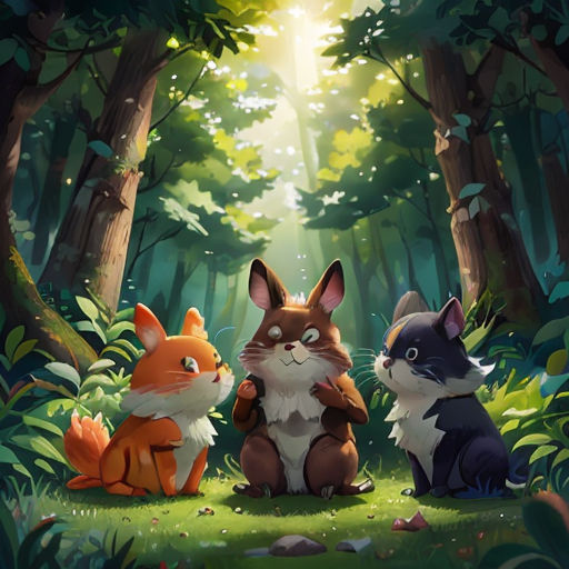 a painting of a forest with three animals sitting in the grass and trees, one of which is looking up at the sky
