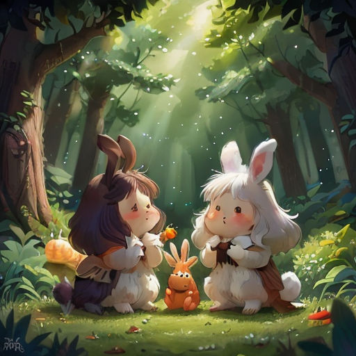 two rabbits are sitting in the woods with a carrot in their hands and a bunny in the other hand