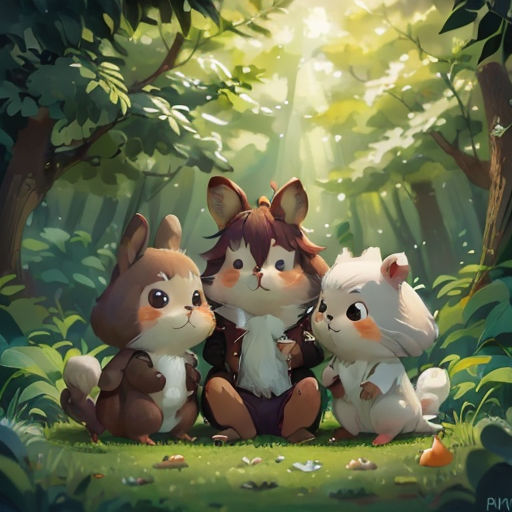 a group of animals sitting in the middle of a forest with sunlight shining through the trees behind them and a forest background