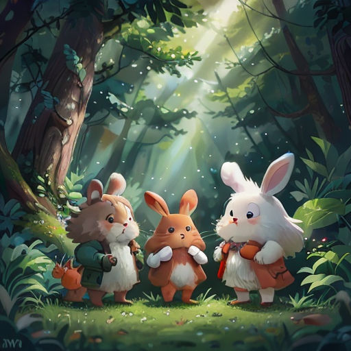 a group of rabbits standing in the forest with a forest background and a forest scene behind them, with a forest scene in the background
