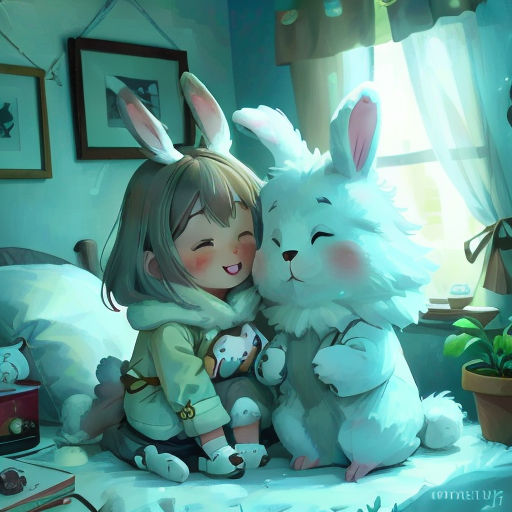 a girl hugging a bunny on a bed in a room with a window and a potted plant in the corner
