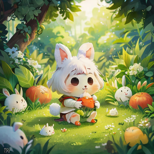 a cartoon bunny with a carrot in a forest with rabbits around it and a forest background with trees and bushes