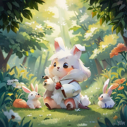 a painting of a bunny with a bunch of rabbits in a forest with sunlight coming through the trees and grass