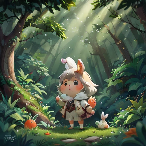 a girl in a forest with a rabbit on her back and a forest background with trees and grass and a light shining through the leaves