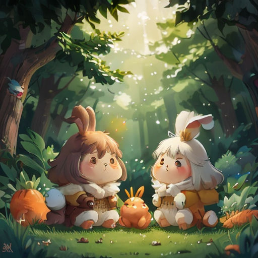 two little girls sitting in the woods with a bunny on their lap and a rabbit on their lap looking at a rabbit