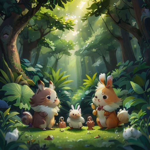 a group of animals sitting in the middle of a forest with a light shining through the trees and leaves