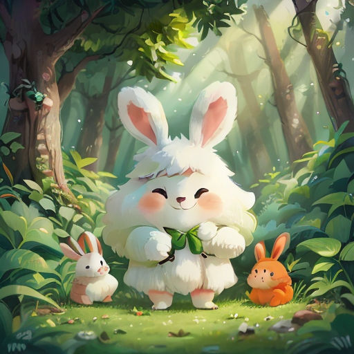 a rabbit and two rabbits in the forest with a forest background and a forest scene with trees and grass