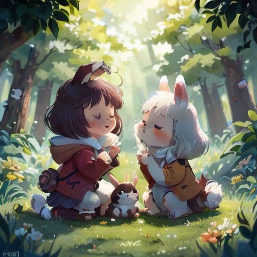 two little girls sitting in the woods with a dog and a cat on their lap, one of them is hugging the other
