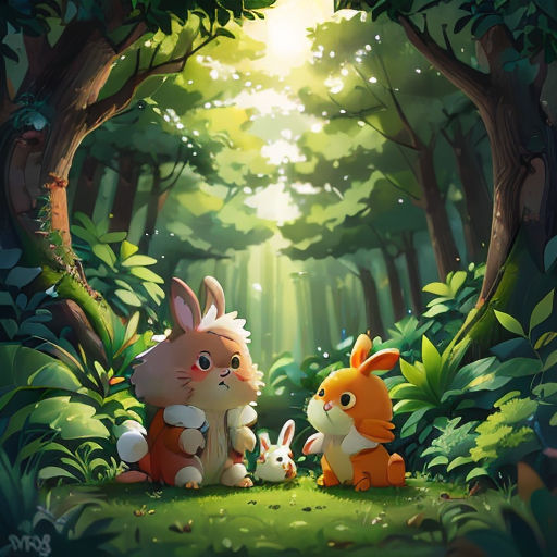 a rabbit and a rabbit sitting in the forest with a fox and a rabbit in front of them,