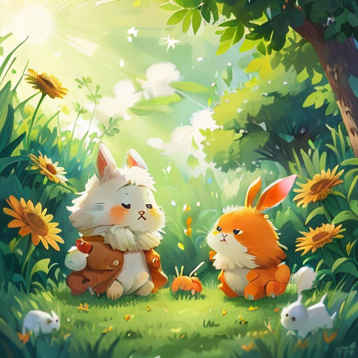 two rabbits are sitting in the grass near a tree and sunflowers, with a forest background, and a sunbeam