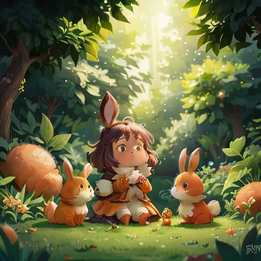 a girl sitting in the grass with rabbits and a rabbit behind her in a forest with trees and grass
