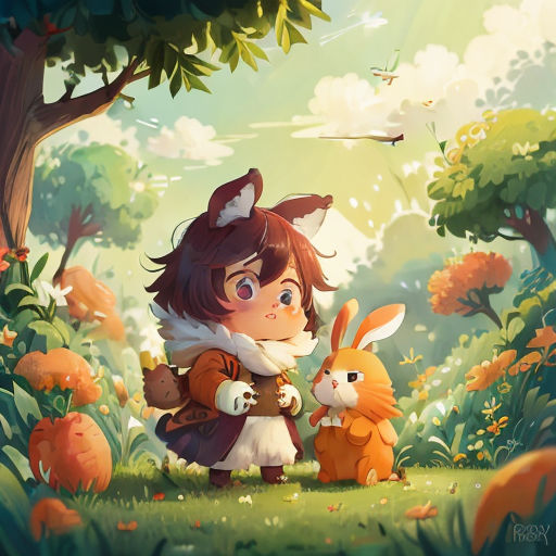 a girl and a rabbit in a forest with trees and flowers in the background, with a bird flying overhead