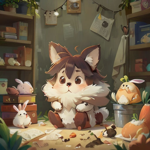 a painting of a cat sitting on a table surrounded by stuffed animals and a basket of eggs in a room