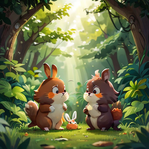 two rabbits in the forest with a bunny in the grass and a squirrel in the woods with a carrot