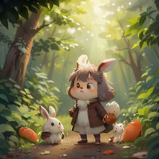 a little girl standing in the middle of a forest with rabbits and carrots on the ground, with a forest background