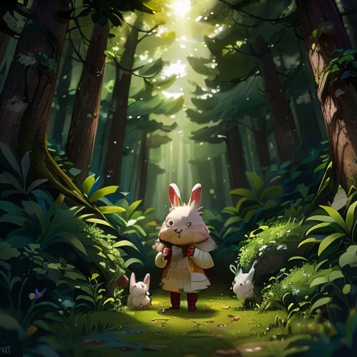 a rabbit holding a stuffed animal in a forest with other animals around it and a light shining through the trees