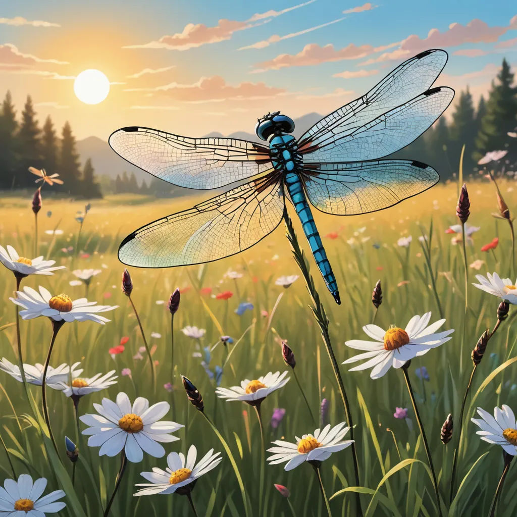 a dragonfly sitting on top of a flower field next to a forest of flowers and daisies in the foreground, fantasy art, a storybook illustration, Dan Mumford, professional digital painting