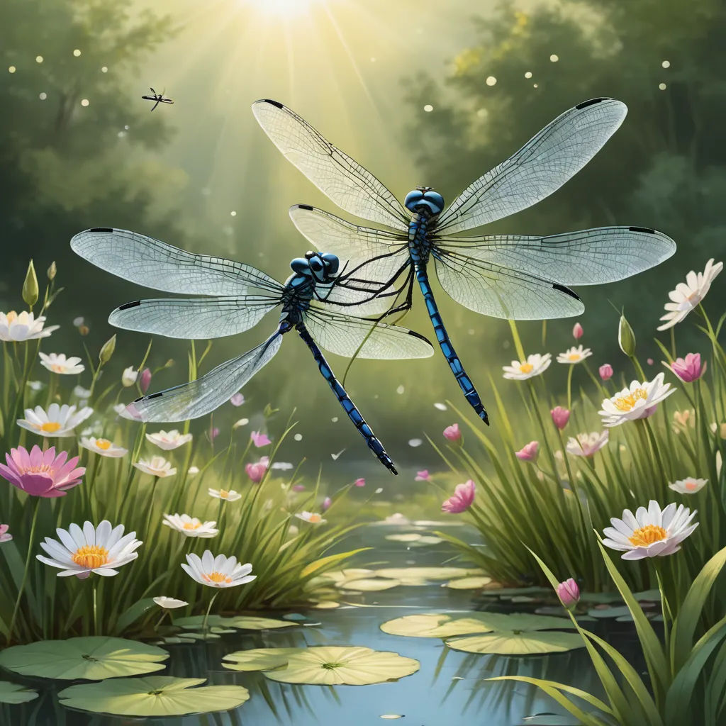two dragonflies flying over a pond of water lilies and a dragonfly on a lily pad with a dragonfly, fantasy art, a digital painting, Anne Stokes, highly detailed digital painting
