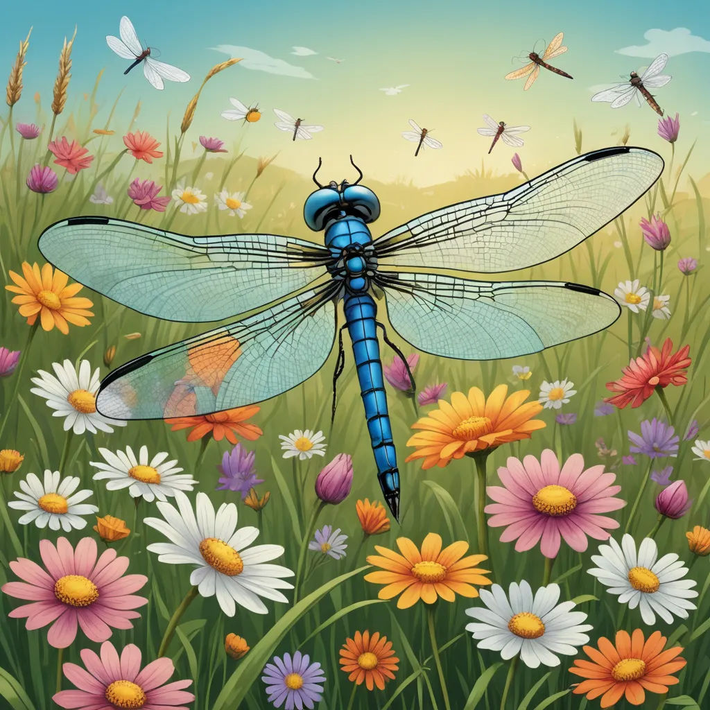 a dragonfly is sitting on a flower field with daisies and daisies in the foreground, and a dragonfly is flying above it, ecological art, a storybook illustration, David Martin, highly detailed digital painting