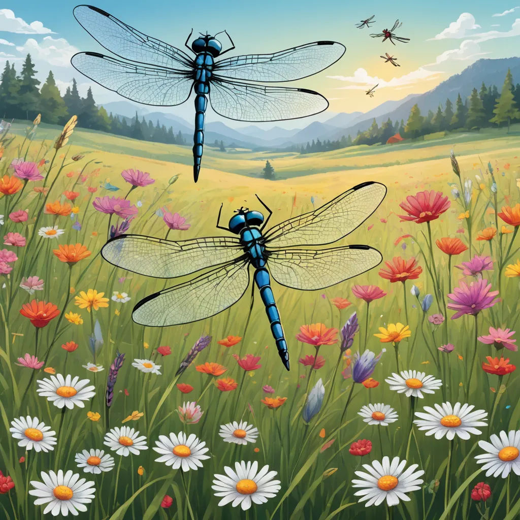 a painting of two dragonflies flying over a field of flowers and daisies with a mountain in the background, ecological art, a storybook illustration, David Martin, highly detailed digital painting